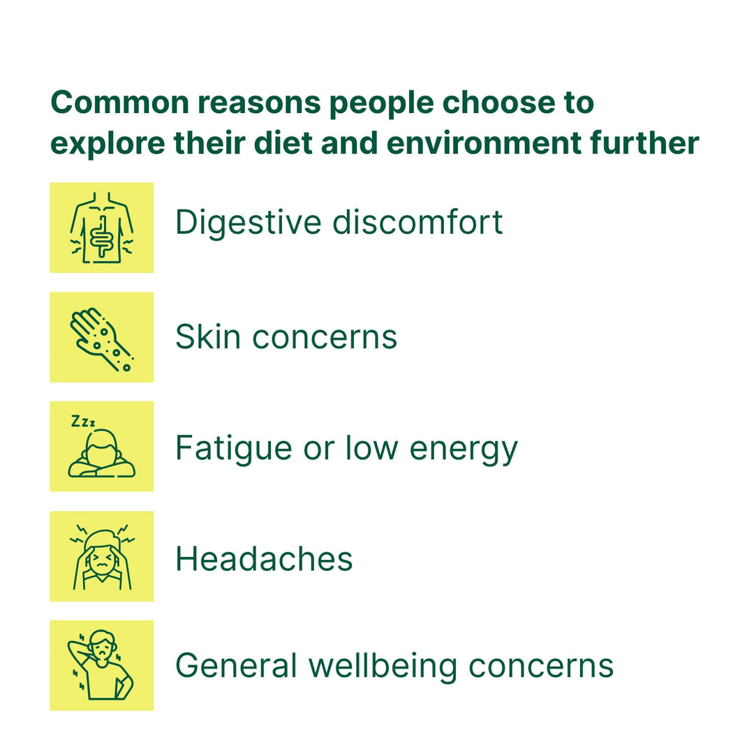Common reasons to explore food sensitivity testing including digestive discomfort, skin issues, fatigue, headaches and general wellbeing concerns