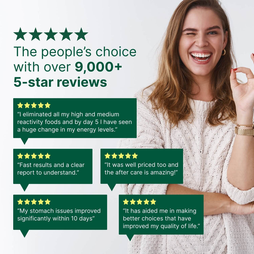 Customer testimonials with 5-star reviews highlighting improved energy, digestion and wellbeing from sensitivity testing
