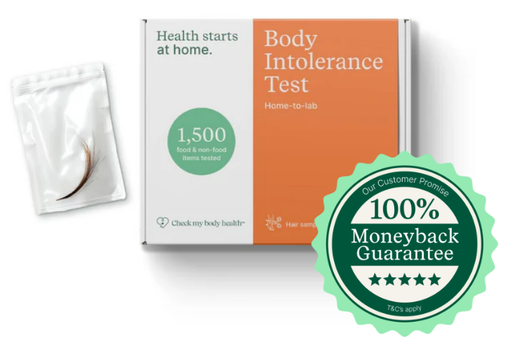 Body Intolerance Test packaging with a moneyback guarantee badge on a white background